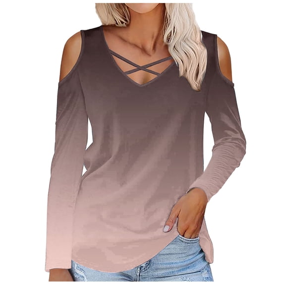 gakvbuo Cold Shoulder Shirts For Women 2023 Trendy V Neck Criss Cross Sweatshirt Long Sleeve Blouse Tunic Tops Basic Tee