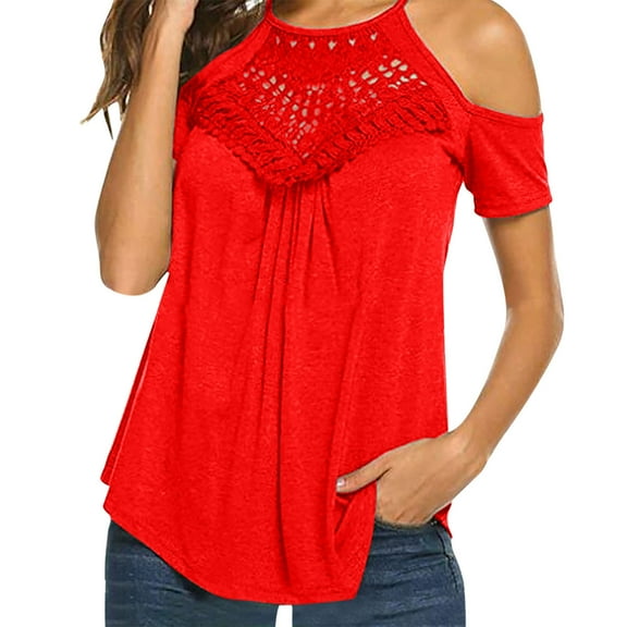 gakvbuo Cold Shoulder Shirts For Women Summer Tops Dressy Casual Lace Scoop Neck Short Sleeve Flowy Tunics Blouses