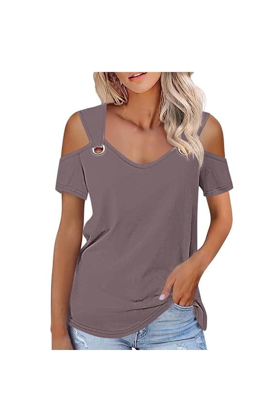 Cold Shoulder Tops For Women Summer Blouses Tunics Tops Women Summer Sexy T- Shirt Cold Shoulder Pullover Blouse-Neck Short Sleeve Solid