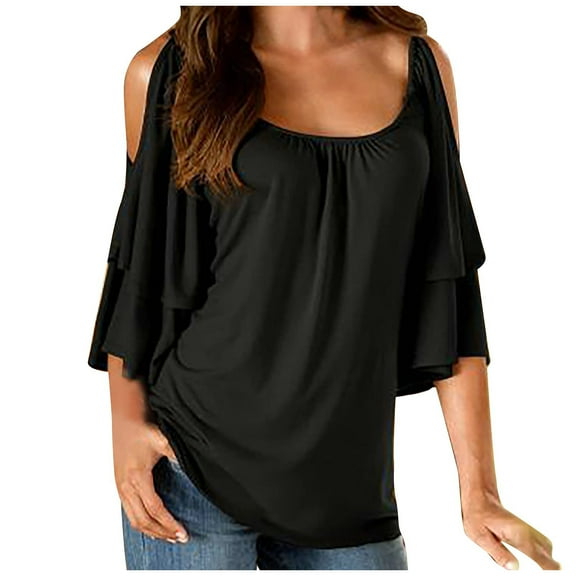 gakvbuo Cold Shoulder Tops For Women Summer Blouses Tunics Tops Women's Summer Printing Short Sleeve Strappy Cold Shoulder T-Shirt Tops Blouses