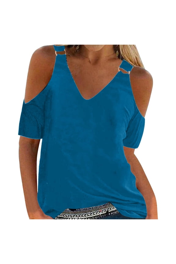 Cold Shoulder Tops For Women Summer Blouses Tunics Tops Women Summer Sexy T- Shirt Cold Shoulder Pullover Blouse V-Neck Short Sleeve Solid Tops