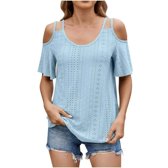 gakvbuo Cold Shoulder Tops For Women Summer Blouses Tunics Tops Women's Fashion New Solid Color Double Shoulder Neck Round Neck Short Sleeved Shirt Top