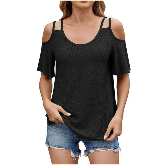 gakvbuo Cold Shoulder Tops For Women Summer Blouses Tunics Tops Women's Fashion New Solid Color Double Shoulder Neck Round Neck Short Sleeved Shirt Top