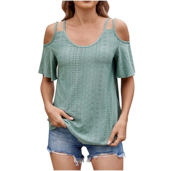 gakvbuo Cold Shoulder Tops For Women Summer Blouses Tunics Tops Women's Fashion New Solid Color Double Shoulder Neck Round Neck Short Sleeved Shirt Top