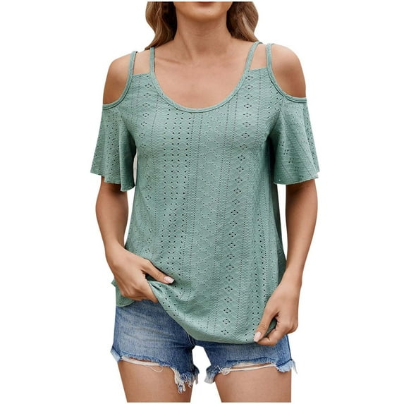 gakvbuo Cold Shoulder Tops For Women Summer Blouses Tunics Tops Women's Fashion New Solid Color Double Shoulder Neck Round Neck Short Sleeved Shirt Top