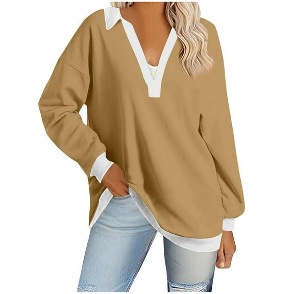 gakvbuo Color Block Sweatshirts For Women Crewneck Long Sleeve Loose Fitting Oversized Knit Pullover Tunic Tops Fall Outfits Turndown Neck Blouse T-Shirt Top