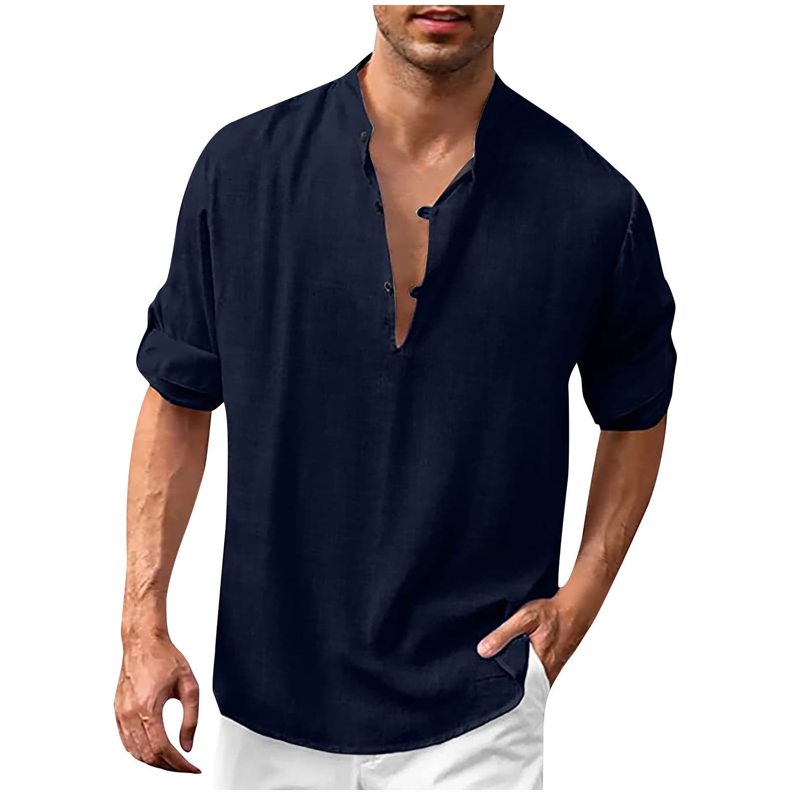 gakvbuo Cotton Linen Henley Shirts For Men Summer Tops Baggy Casual ...
