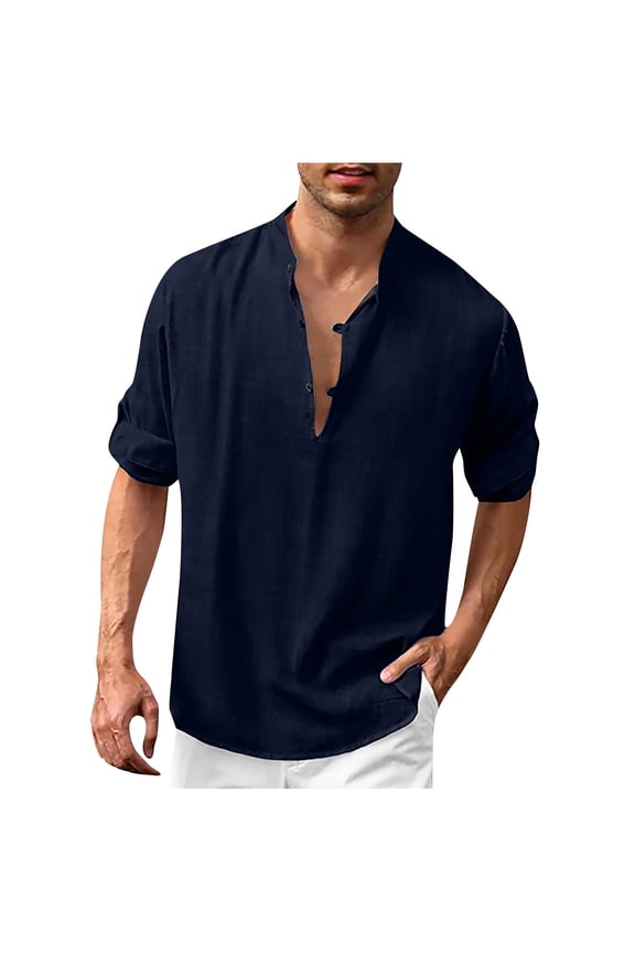 Cotton Linen Henley Shirts For Men Summer Tops Baggy Casual Long Sleeve Loose Fit Summer Beach Blouse Shirt Wedding Yoga Shirt Hawaii Hippie Button Down T-Shirt For Men