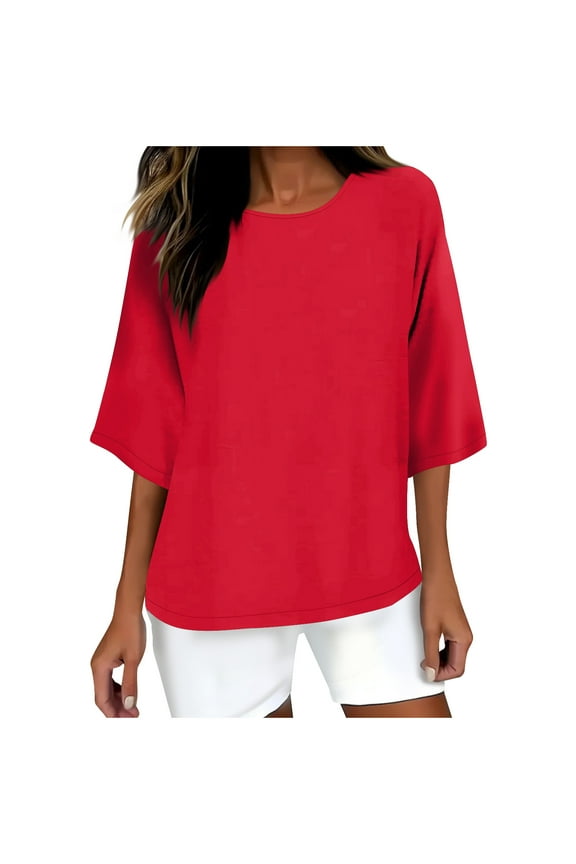 Cotton Linen Shirts for Women 3/4 Sleeve Tunic Tops Crewneck Loose T-Shirt Blouses For Women Casual Trendy Dressy Work Blouses
