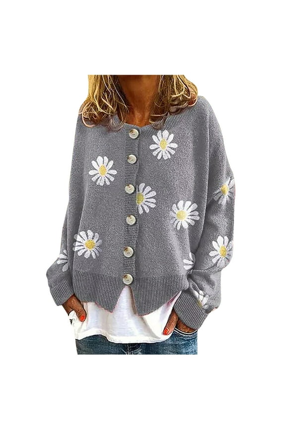 Cute Sweaters For Women Y2K Floral Print Knit Cardigan Sweaters Long Sleeve V Neck Button Down Aesthetic Sweater Vintage Aesthetic 90S Outerwear Tops