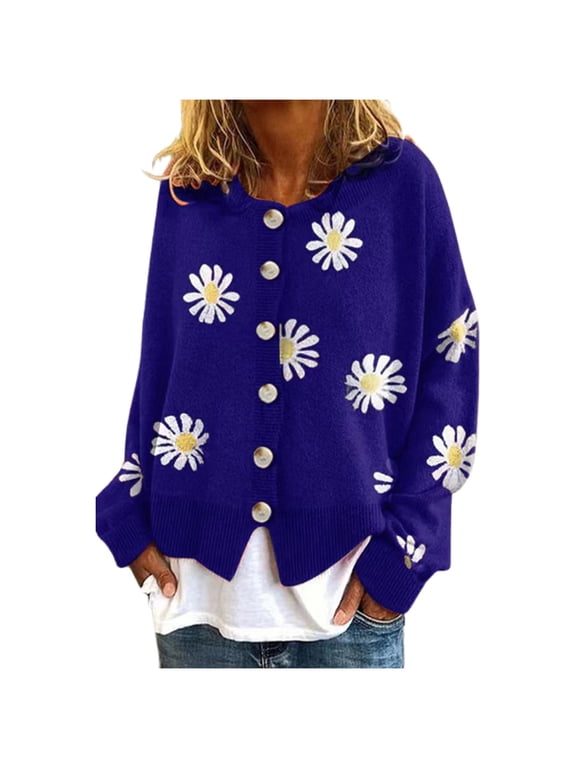 Cute Sweaters For Women Y2K Floral Print Knit Cardigan Sweaters Long Sleeve V Neck Button Down Aesthetic Sweater Vintage Aesthetic 90S Outerwear Tops