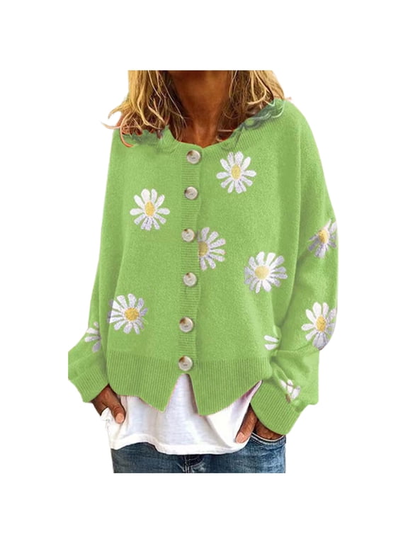 Cute Sweaters For Women Y2K Floral Print Knit Cardigan Sweaters Long Sleeve V Neck Button Down Aesthetic Sweater Vintage Aesthetic 90S Outerwear Tops