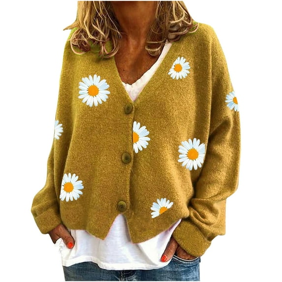 gakvbuo Cute Sweaters For Women Y2K Floral Print Knit Cardigan Sweaters Long Sleeve V Neck Button Down Aesthetic Sweater Vintage Aesthetic 90S Outerwear Tops