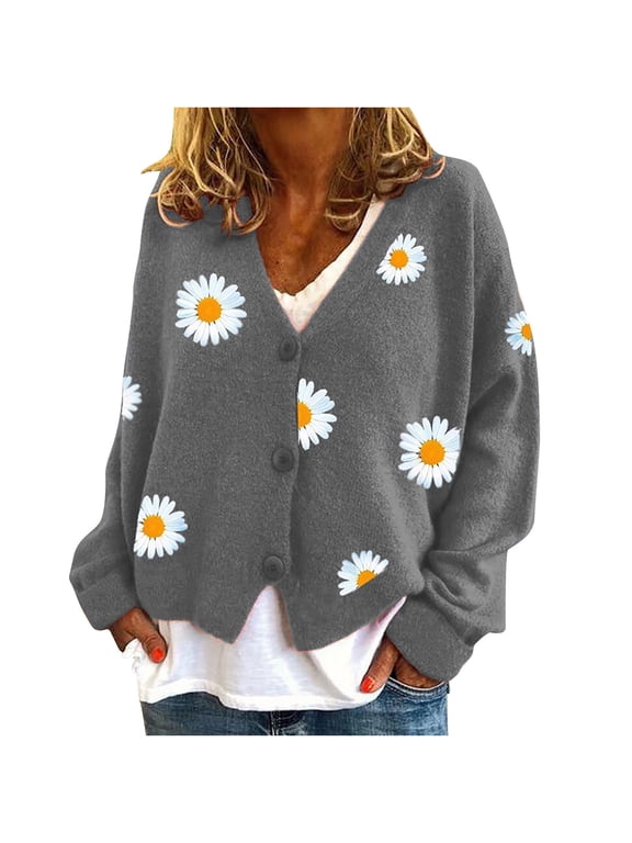 Cute Sweaters For Women Y2K Floral Print Knit Cardigan Sweaters Long Sleeve V Neck Button Down Aesthetic Sweater Vintage Aesthetic 90S Outerwear Tops