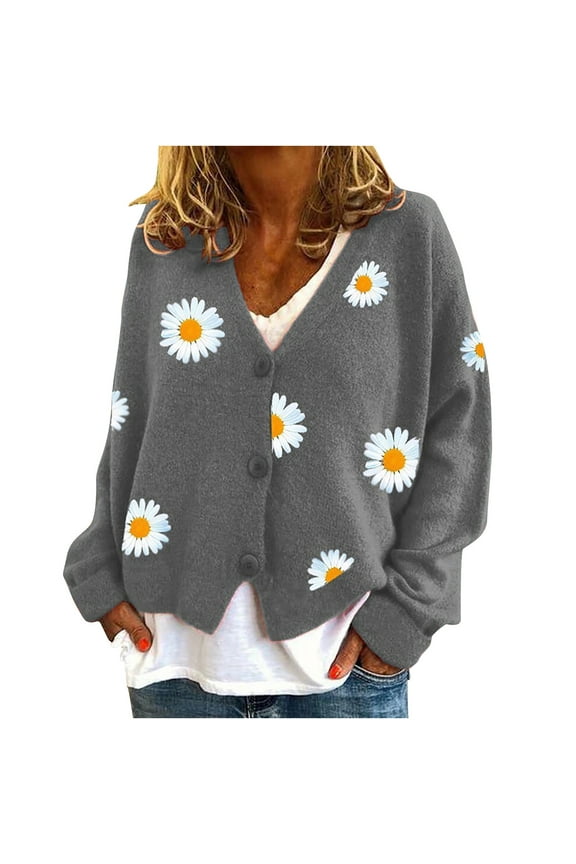Cute Sweaters For Women Y2K Floral Print Knit Cardigan Sweaters Long Sleeve V Neck Button Down Aesthetic Sweater Vintage Aesthetic 90S Outerwear Tops