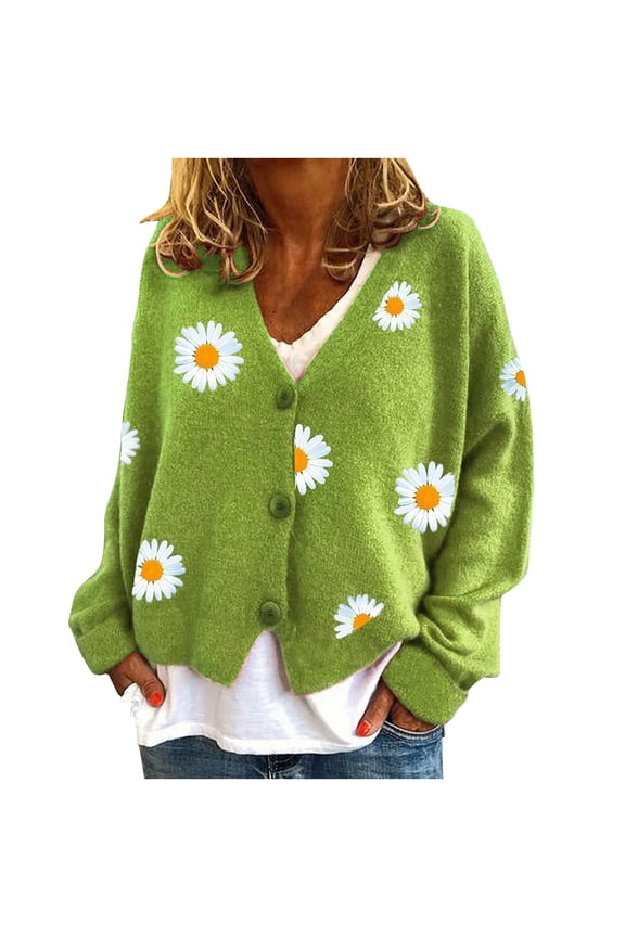 Cute Sweaters For Women Y2K Floral Print Knit Cardigan Sweaters Long Sleeve V Neck Button Down Aesthetic Sweater Vintage Aesthetic 90S Outerwear Tops