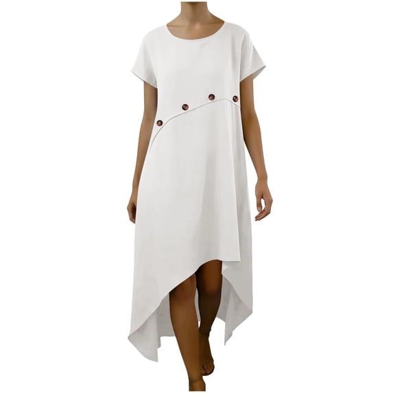 gakvbuo Summer Linen Dress For Women Maxi Dress Button Down T-Shirt Dress Ladies' Patchwork Button Solid Color Dress