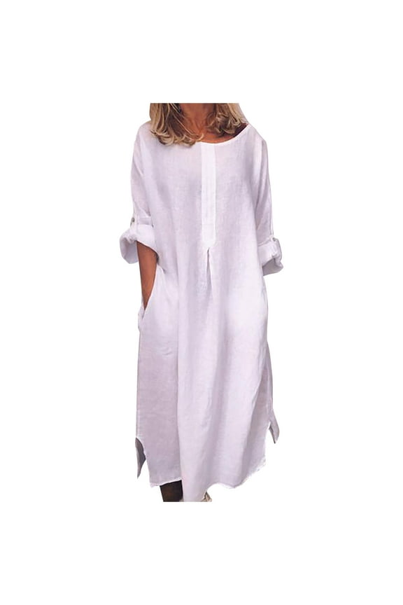 Fall Dresses For Women 2023 Plus Size Maxi Dress Long Sleeve Women Summer Casual Full Sleeve Solid Linen Long Dress