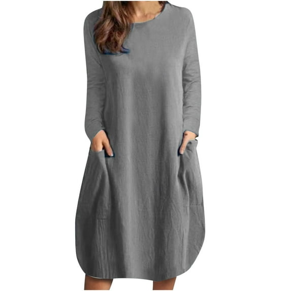 gakvbuo Fall Dresses For Women 2023 Plus Size Mini Dress Long Sleeve Casual Round Neck Long Sleeve Cotton Linen Mid-Calf Dress Pocket Solid Dresses