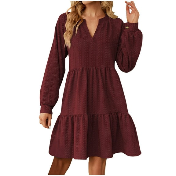gakvbuo Fall Dresses For Women 2023 Plus Size Mini Dress Long Sleeve Women Casual Comfy Long SleeveleV-Neck Knee-High Dresses