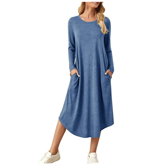 gakvbuo Fall Dresses For Women 2023 Plus Size Mini Dress Long Sleeve Women Round Neck Leisure Solid Color Pocket Long Sleeve Dress