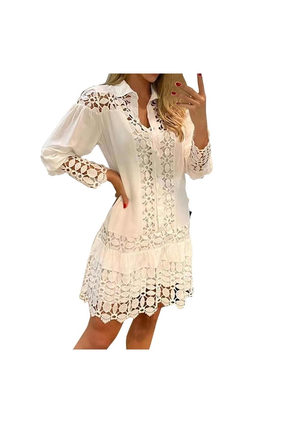 Fall Dresses For Women 2023 Plus Size Mini Dress Long Sleeve Women V-Neck Summer Solid Long Sleeve Lace Patchwork Mini RDress