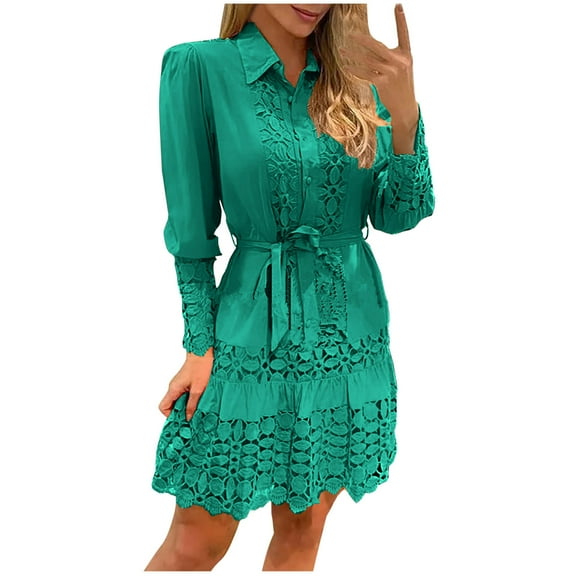 gakvbuo Fall Dresses For Women 2023 Plus Size Mini Dress Long Sleeve Women V-Neck Summer Solid Long Sleeve Lace Patchwork Mini RDress