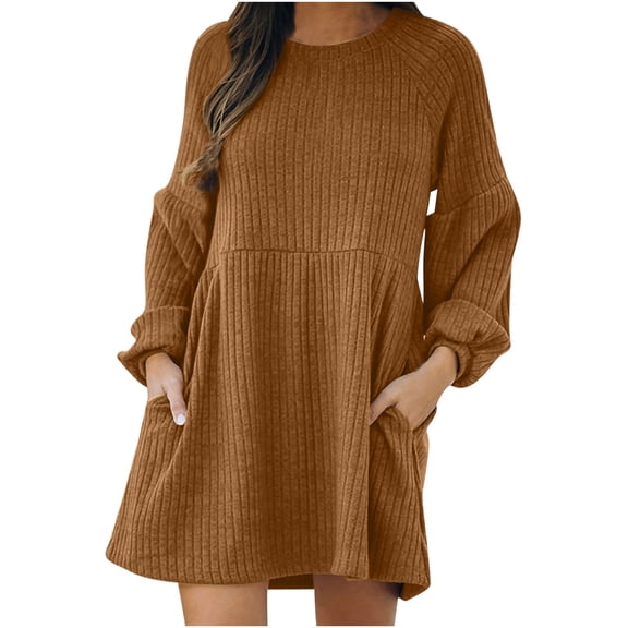 gakvbuo Fall Dresses For Women 2023 Plus Size Mini Dress Long Sleeve Women's Winter Sleeve Knitted Medium Waist Sweater Dress