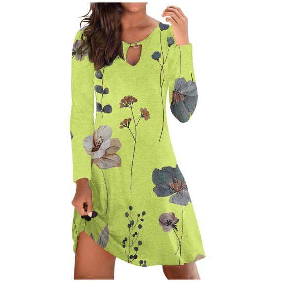 gakvbuo Fall Dresses For Women 2023 Long Sleeve Plus Size Dress Boho Dress Floral Printed Slim-Fit Corset Dress Round Neck Hollow Out Loose Beach Short Mini Sundress