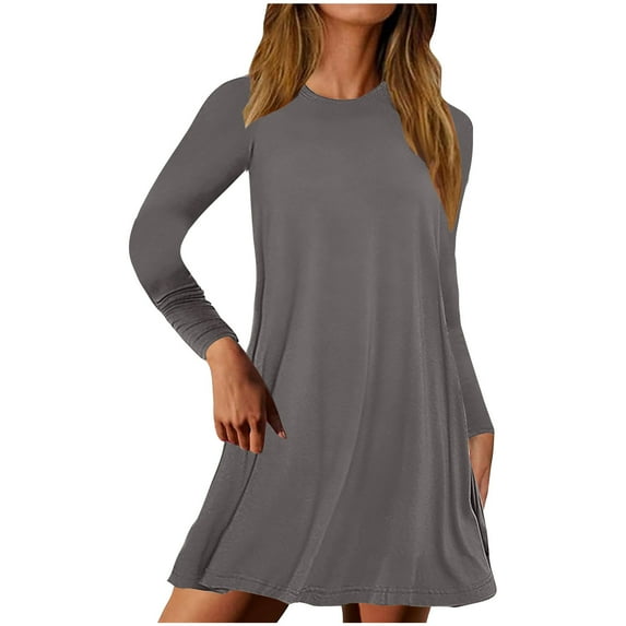 gakvbuo Fall Dresses For Women 2023 With Pockets Plus Size Mini Dress Long Sleeve T-Shirt Dress Crew Neck Casual Plain Simple Loose Wedding Guest Dress