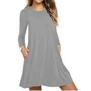 GAKVBUO Fall Dresses For Women 2023 With Pockets Plus Size Mini Dress Long Sleeve T-Shirt Dress Crew Neck Casual Plain Simple Loose Wedding Guest Dress