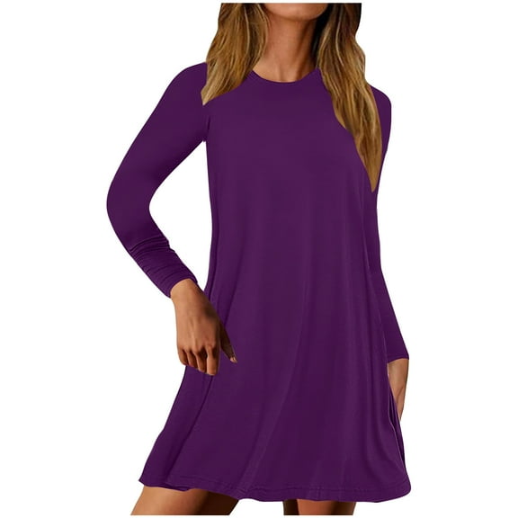 gakvbuo Fall Dresses For Women 2023 With Pockets Plus Size Mini Dress Long Sleeve T-Shirt Dress Crew Neck Casual Plain Simple Loose Wedding Guest Dress