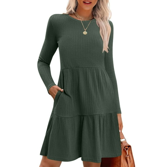gakvbuo Fall Dresses For Women 2024 Babydoll Knit Sweater Dress With Pockets Plus Size Mini Dress Long Sleeve T-Shirt Dress Crew Neck Casual Wedding Guest Dress Fall Winter Tunic Dress