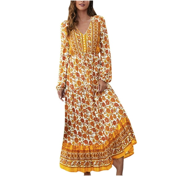 gakvbuo Fall Dresses for Women Long Sleeve Maxi Dress for Women Plus Size Dress Casual Button Down Boho Dress V Neck Floral Print Fall Long Dresses