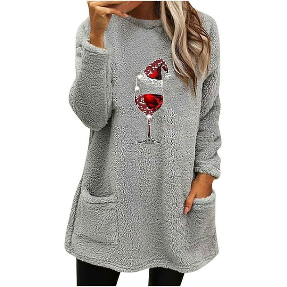 gakvbuo Fall Long Sweatshirt For Womens Dress Shirt Crew Neck Warm Lightweight Tunic Tops For Leggings Dressy Christmas Long Sleeve Tops Printed Pullover Loose Plus Size T-Shirt Blouse with Pockets