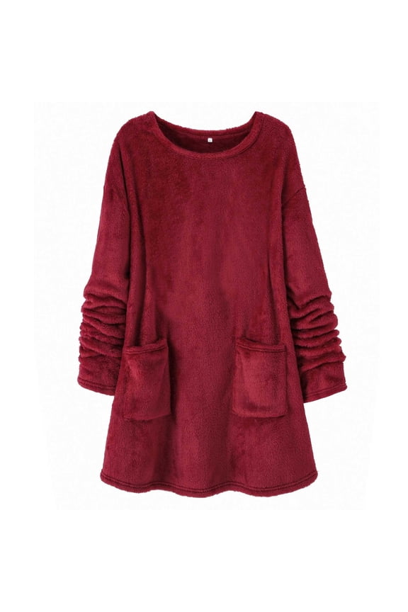 Fall Long Sweatshirt For Womens Dress Shirt Crew Neck Warm Lightweight Tunic Tops For Leggings Dressy Long Sleeve Tops Printed Pullover Loose Plus Size T-Shirt Blouse with Pockets