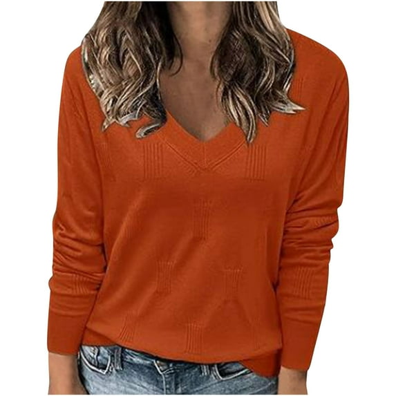 gakvbuo Fall Pullover Tunic Shirts For Women Women's Solid Color Casual Slim Fitting Knitwear Pullover V-Neck Long Sleeve Sweater Tops Blouse