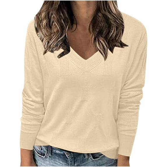 gakvbuo Fall Pullover Tunic Shirts For Women Women's Solid Color Casual Slim Fitting Knitwear Pullover V-Neck Long Sleeve Sweater Tops Blouse