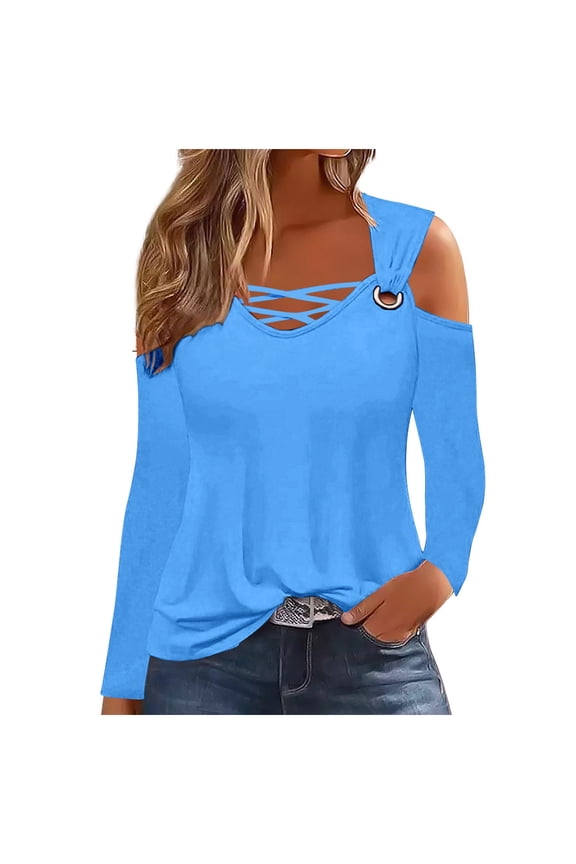 Fall Off Shoulder T-Shirts for Women V-Neck Cold One Sleeve Shoulder Long Sleeve Tops Dressy Trendy Metal Strap Blouses Evening Party Tunic Shirts Polluer Tops