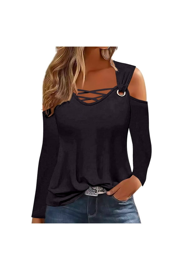 Fall Off Shoulder T-Shirts for Women V-Neck Cold One Sleeve Shoulder Long Sleeve Tops Dressy Trendy Metal Strap Blouses Evening Party Tunic Shirts Polluer Tops