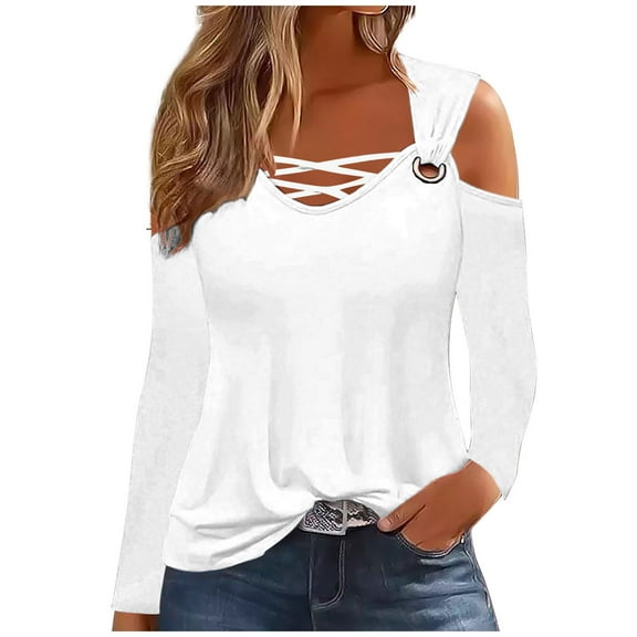 gakvbuo Fall Off Shoulder T-Shirts for Women V-Neck Cold One Sleeve Shoulder Long Sleeve Tops Dressy Trendy Metal Strap Blouses Evening Party Tunic Shirts Polluer Tops