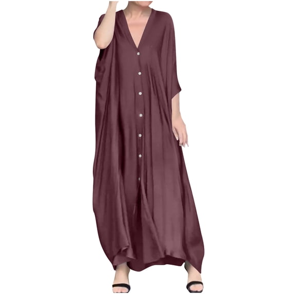 gakvbuo Fall Tunic Dress For Women Maxi Dress Button Down Dress Women's Solid-Color Button-Down Cardigan V-Neck Satin Loose Casual Dress