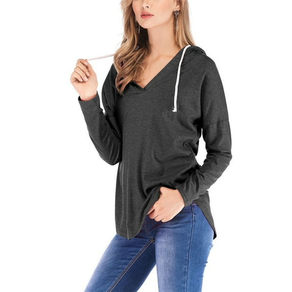 gakvbuo Fall Tunic Tops For Womens Long Sleeve Tops Loose Fitting Casual Drawstring V-Neck Hooded Pullover Sweatshirts