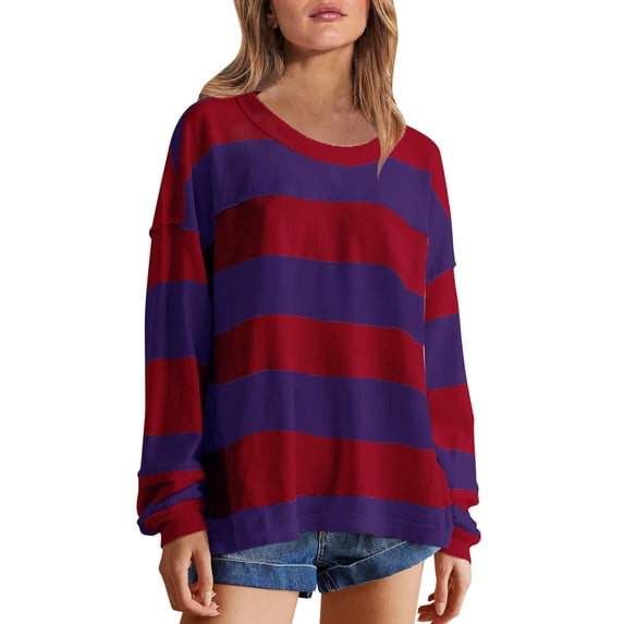 gakvbuo Fall Tunic Topsfor Womens Long Sleeve Tops Loose Fitting Casual Color Blocking Stripe Crewneck Pullover Sweatshirts