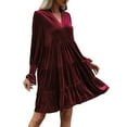 thumbnail image 1 of gakvbuo Fall Velvet Mini Dress For Womens V Neck Elegant Velvet Long Sleeve Dress Ruffle Elastic Waist Winter Tiered Flowy A-Line Babydoll Dress Knee Length Party Wedding Guest Dresses, 1 of 9