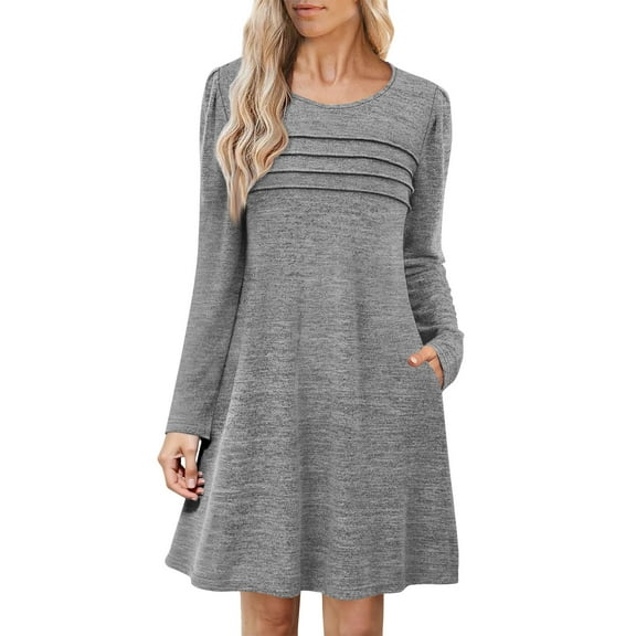 gakvbuo Fall T-Shirt Dresses For Women Long Sleeve Midi Dress With Pockets Pleated Crew Neck Wedding Party Dress Knee Length Tunic Dress