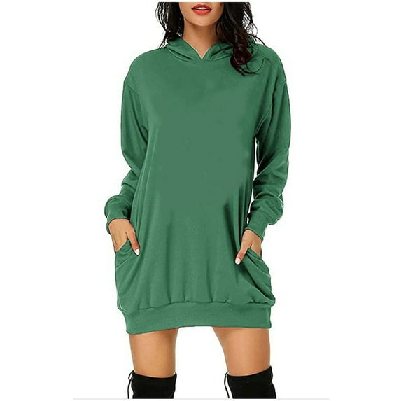 gakvbuo Fashion Women Hooded Dress Long Sleeves Pockets Short Sweatshirt Dress