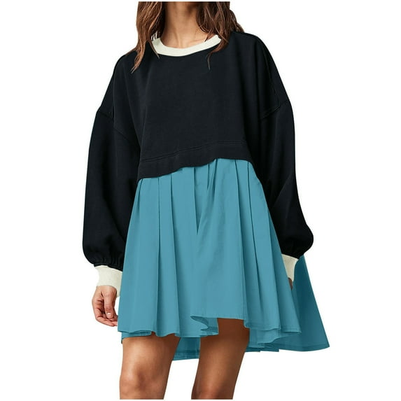 gakvbuo Fashion Women's Casual Over Sized Sweatshirt Long Sleeve Dress Round-Neck Ladies Patchwork Mini Dresses