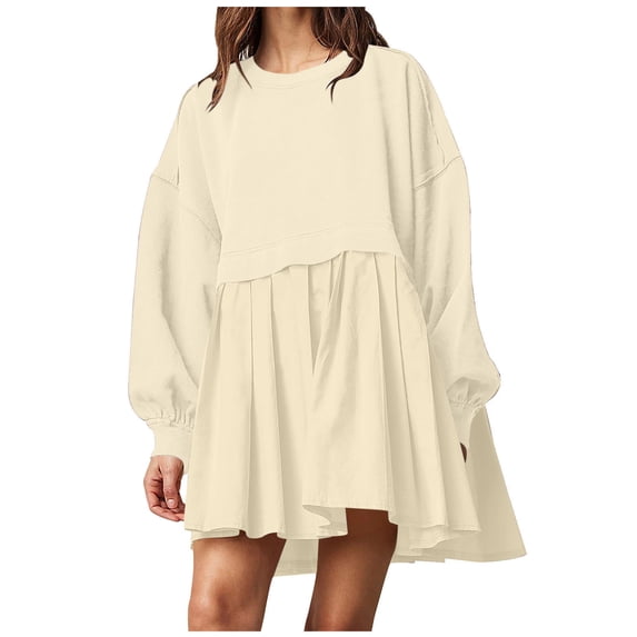 gakvbuo Fashion Women's Casual Over Sized Sweatshirt Long Sleeve Dress Round-Neck Ladies Patchwork Mini Dresses
