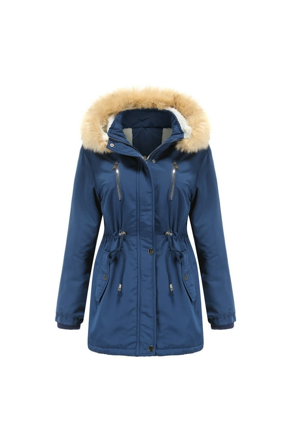Faux Fur Hooded Jacket For Women Hooded Thicken Fleece Lined Parkas Drawstring Waist Plus Size Coats Solid Long Sleeve Winter Outdoor Zip Up Jackets With Pockets